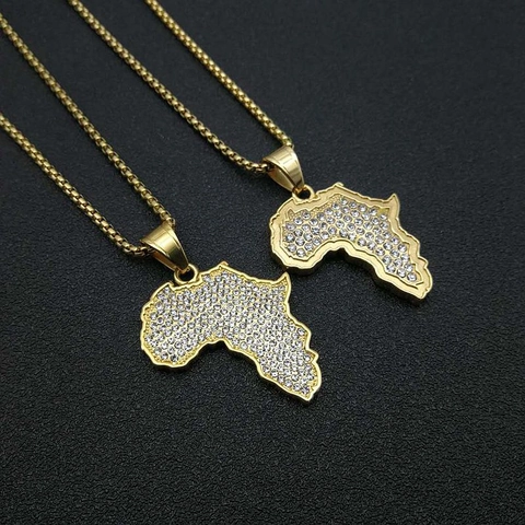 Collar de Mapa de África de Acero Inoxidable Chapado en Oro Hip Hop Joyería de Estilo Étnico Strass para Hombres y Mujeres
