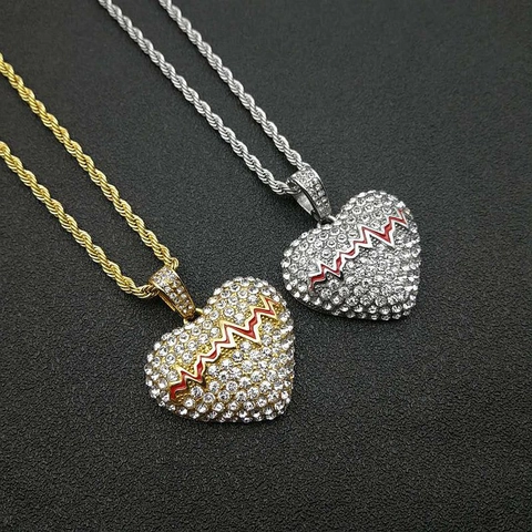 Collana con Pendente a Cuore Battito Cardiaco EKG in Acciaio Inossidabile per Uomo Donna Hip Hop Pavé Strass Linea Smalto Rosso Gioielli