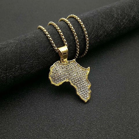 Collar de Mapa de África de Acero Inoxidable Chapado en Oro Hip Hop Joyería de Estilo Étnico Strass para Hombres y Mujeres