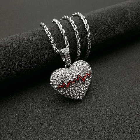 Collana con Pendente a Cuore Battito Cardiaco EKG in Acciaio Inossidabile per Uomo Donna Hip Hop Pavé Strass Linea Smalto Rosso Gioielli