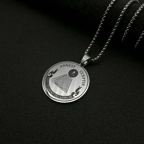 Hip Hop Titanium Steel Eye Of Providence Pyramid Pendant Necklace Vacuum Electroplated Round Coin Mystical Jewelry For Men Women