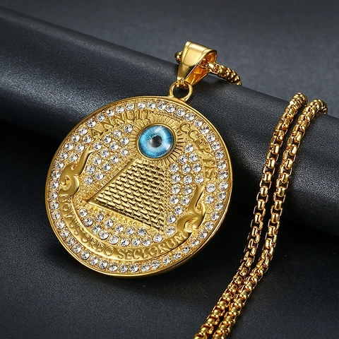 Hip Hop Titaniumstaal Oog Van De Voorzienigheid Hanger Halsketting Vintage Piramide Strass Munt Halsketting Sieraden