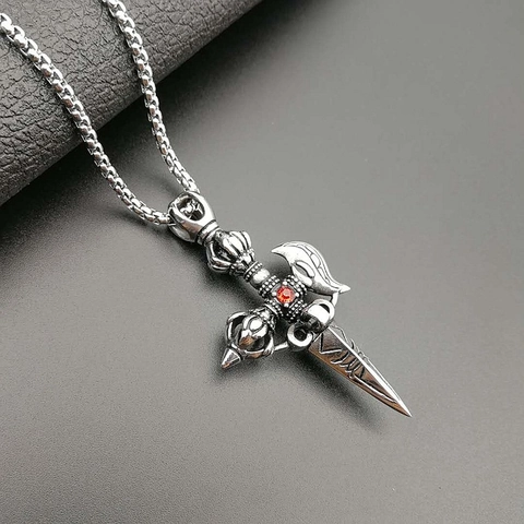 Retro Punk Titanium Staal Phurba Hanger Halsketting Met Rode Strass Etnische Hip Hop Religieuze Sieraden Voor Heren Zilver Goud