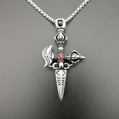 Retro Punk Titanium Staal Phurba Hanger Halsketting Met Rode Strass Etnische Hip Hop Religieuze Sieraden Voor Heren Zilver Goud