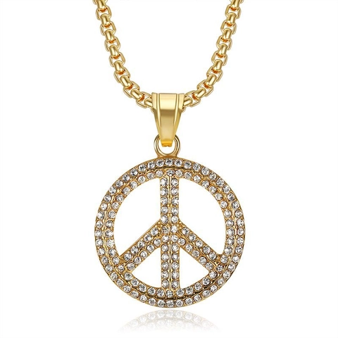 Collana con Pendente Simbolo della Pace Hip Hop Acciaio Inossidabile Oro Argento Placcato Strass Gioielli Streetwear Uomo