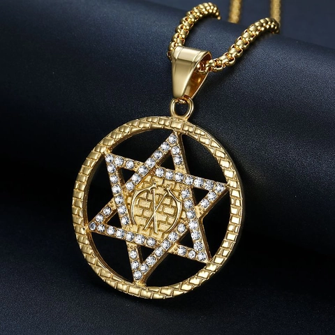 Collana con Ciondolo a Esagramma Hip Hop in Acciaio al Titanio Placcato Oro Stella di David con Strass Simbolo Massonico Gioielli Unisex