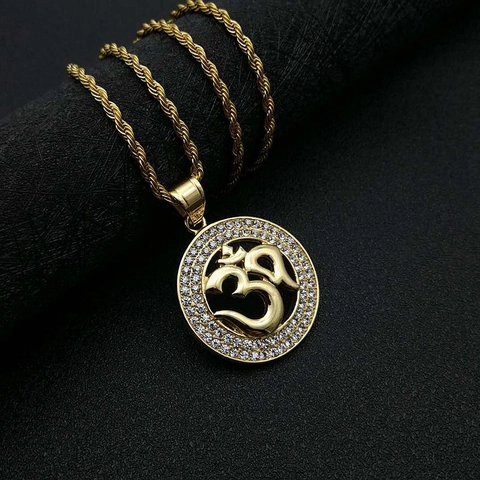 Hiphop Titanstahl Om Yoga Anhänger Halskette Gold Silber Galvanisiert Strass Rundes Religiöses Medaillon Kordelkette Schmuck