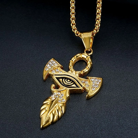 Hip Hop Edelstahl Gold Überzogene Ägyptische Auge Des Horus Anhänger Halskette Mit Strass Ankh Kreuz Religiöser Schmuck