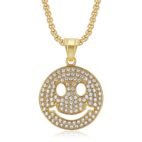 Hip Hop Titanium Staal Goud Zilver Vergulde Smiley Gezicht Hanger Ketting Iced Out Strass Streetwear Sieraden Voor Heren Dames