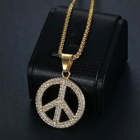 Collana con Pendente Simbolo della Pace Hip Hop Acciaio Inossidabile Oro Argento Placcato Strass Gioielli Streetwear Uomo