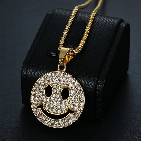 Hip Hop Titanium Staal Goud Zilver Vergulde Smiley Gezicht Hanger Ketting Iced Out Strass Streetwear Sieraden Voor Heren Dames