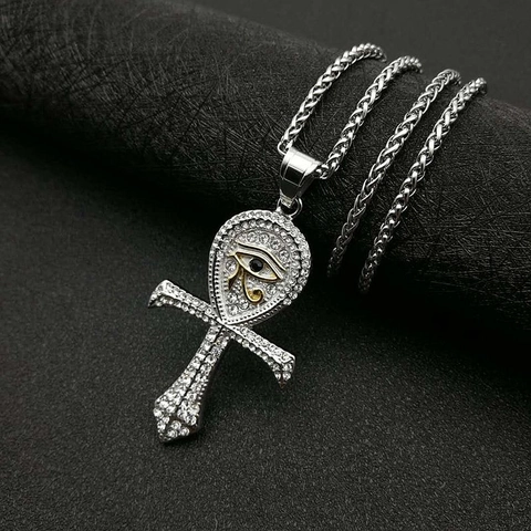 Collana con Ciondolo Ankh Croce Occhio Di Horus in Acciaio al Titanio Hip Hop Oro Galvanizzato Sottovuoto Pave Strass Gioielli Egiziani Unisex