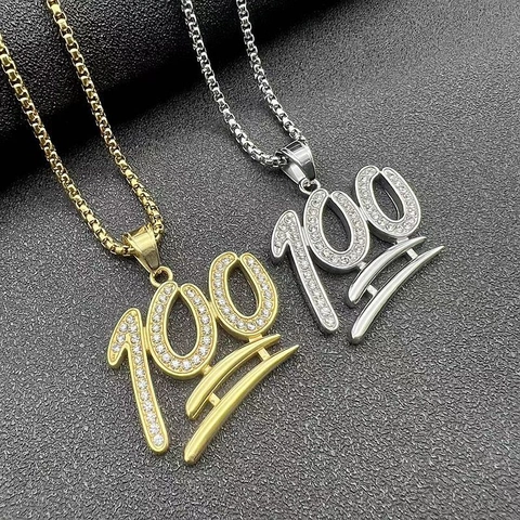 Collana Hip Hop con Ciondolo Emoji 100 in Acciaio Inossidabile Placcato Oro Pavé di Strass Ciondolo o Catena Box per Uomo Donna Gioielli