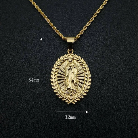 Collar Colgante Relieve Virgen María Acero Inoxidable Dorado Hip Hop Medalla Religiosa Cadena Cuerda Para Mujer Joyería