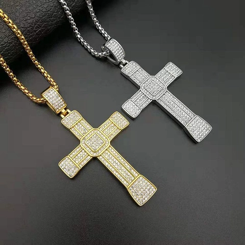 Collier Pendentif Croix Hip Hop Iced Out Acier Titane Plaqué Or Argent Strass Bijoux Religieux de Mode Accessoires Pour Hommes