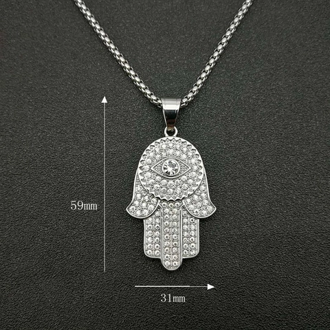 Hip Hop Titanium Steel Iced Out Hamsa Hand Pendant Necklace For Men Women Gold Silver Plated Rhinestone Evil Eye Religious Jewelry