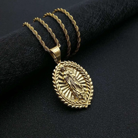 Collar Colgante Relieve Virgen María Acero Inoxidable Dorado Hip Hop Medalla Religiosa Cadena Cuerda Para Mujer Joyería
