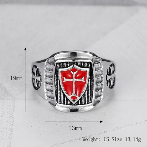 Anello Vintage Cavalieri Templari Croce Scudo per Uomo Acciaio Inossidabile Lucido Smalto Rosso Punk Biker Gioielli