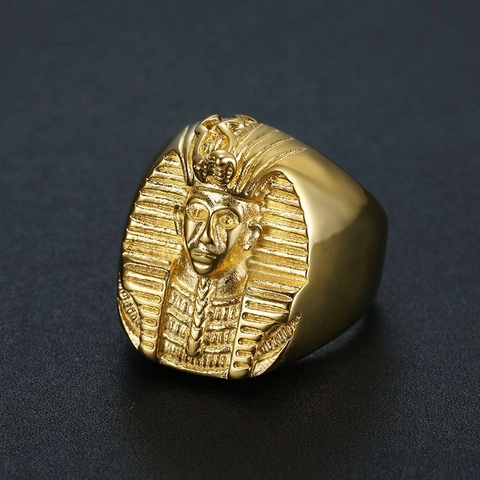 Hip Hop Men Gold Plated Titanium Steel Egyptian Pharaoh Tutankhamun Mask Ring Vintage Retro Punk Biker Band Finger Jewelry