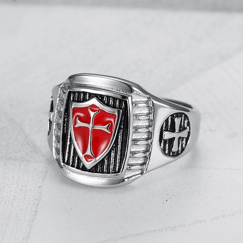 Anello Vintage Cavalieri Templari Croce Scudo per Uomo Acciaio Inossidabile Lucido Smalto Rosso Punk Biker Gioielli