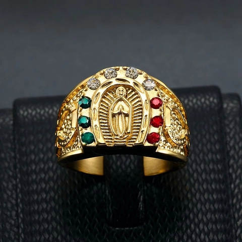 Anello in Acciaio Inossidabile Placcato Oro Hip Hop Vergine Maria per Uomo Anello a Fascia con Strass Religioso