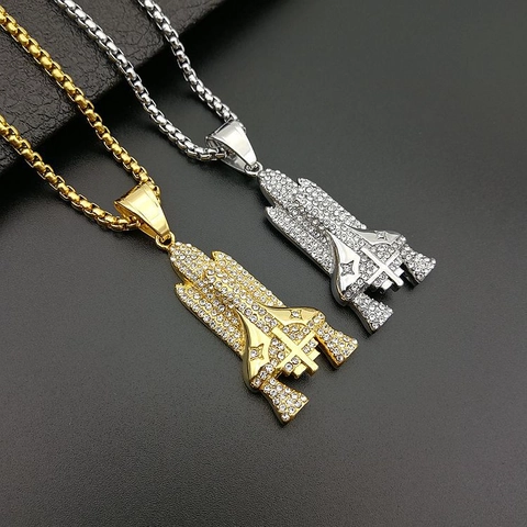 Collana con Pendente a Forma di Razzo Space Shuttle Hip Hop Acciaio al Titanio con Strass Oro Argento per Unisex