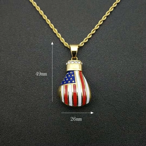 Collier Pendentif Gant de Boxe Hip Hop en Acier Titane Plaqué Or Drapeau Américain Émail Strass Pendentif Seul ou Chaîne Corde