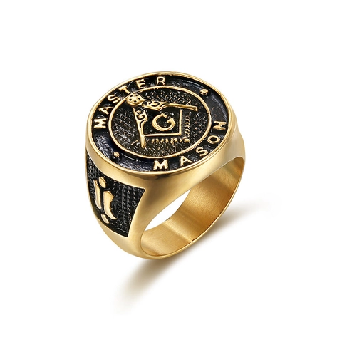 Men's Masonic Signet Ring Gold Plated Titanium Steel Master Mason Square Compasses G Letter Ring Vintage Hip Hop Jewelry
