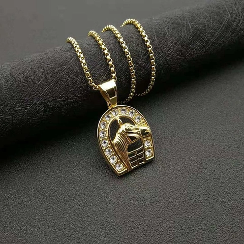 Hip Hop Roestvrij Stalen Paardenhoofd Hanger Halsketting Goud Verguld Hoefijzer Dier Sieraden Strass Ingelegde Gepersonaliseerde Kettingen Voor Heren Dames