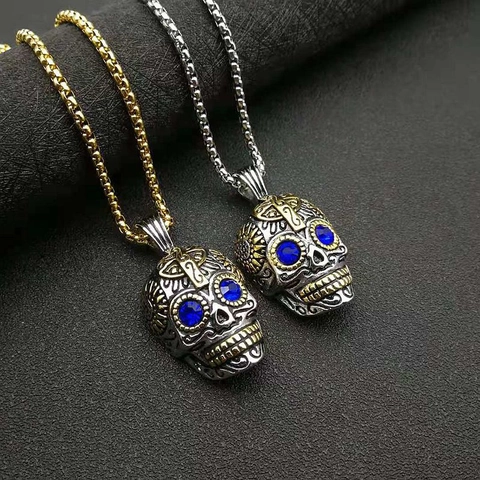 Collana con Ciondolo a Teschio in Acciaio Inossidabile Punk Gothic Gioielli Vintage Halloween Con Occhi in Strass per Uomo Donna