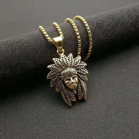Collana con Ciondolo Capo Indiano d'America Retrò Acciaio Inossidabile al Titanio Punk Oro Catena Box per Uomo