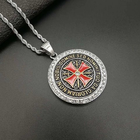 Knights Templar Cross Pendant Necklace 316 Stainless Steel Vintage Sword Shield Medal For Men Gothic Latin Inscription Rhinestone Jewelry