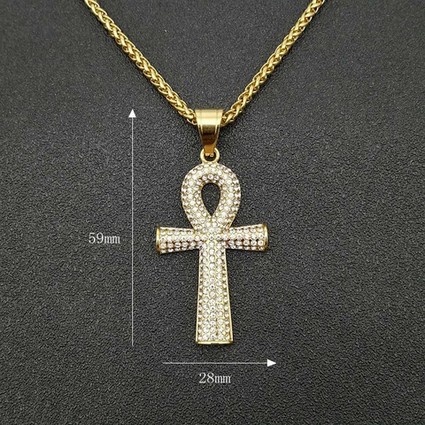Hip Hop Ägyptisches Ankh Kreuz Schlüssel Anhänger Halskette Für Herren Damen Edelstahl Strass Religiöser Schmuck Vergoldet