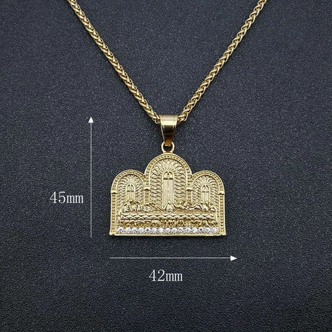 Hip Hop Titaniumstaal Goud Vacuüm Geplateerd Het Laatste Avondmaal Reliëf Hanger Halsketting Strass Ingelegd Sieraden