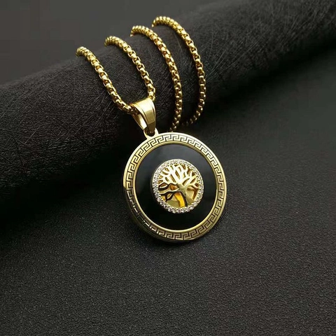 Hip Hop Stainless Steel Tree of Life Pendant Necklace Gold Plated Zirconia Greek Meander Pattern Round Jewelry For Men Women