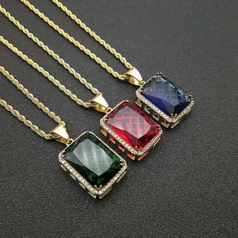Collana con Pendente in Pietra Preziosa Artificiale Rettangolare Placcata in Oro Acciaio al Titanio Hip Hop Gioielli
