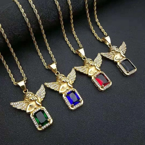 Hip Hop Gold Plated Stainless Steel Angel Pendant Necklace For Men Women Iced Out Rhinestone Artificial Gemstone Jewelry