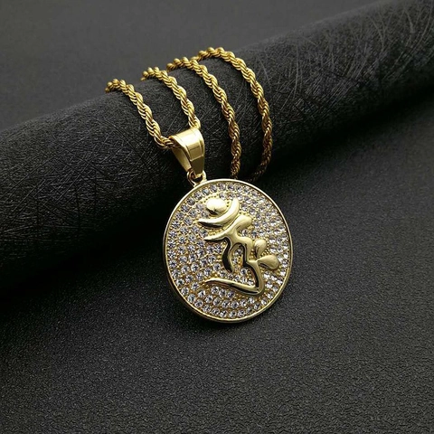 Titanium Steel Gold Plated Religious Mantra Round Pendant Necklace With Rhinestone Inlay Rope Chain Jewelry For Men Women