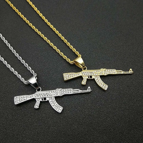Hip Hop Iced Out AK-47 Geweer Hanger Halsketting Roestvrij Staal Verguld Strass Hanger Heren Sieraden