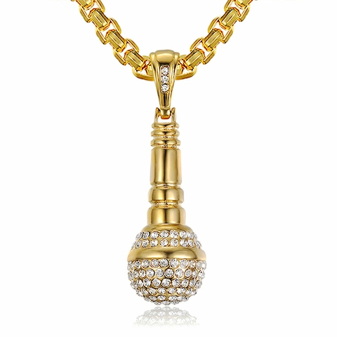 Collana con Ciondolo a Forma di Microfono in Acciaio al Titanio Hip Hop per Uomo Donna Placcata Oro Argento con Strass Intarsiati Gioielli Musicali