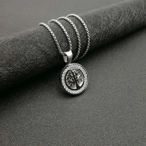 Collana con Ciondolo Albero della Vita in Acciaio al Titanio Hip Hop Zirconia Tonda Intarsiata Oro Argento Unisex Senza Catena