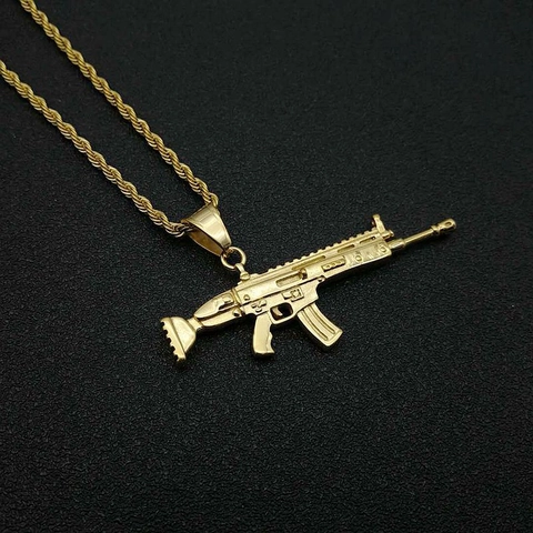 Joyería Hip Hop para Hombre de Acero Inoxidable Chapado en Oro Colgante de Rifle SCAR con Estrás Cadena de Cuerda