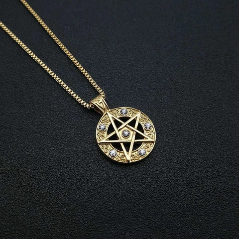 Hip Hop Stainless Steel Pentagram Star Round Pendant Necklace Gold Plated Iced Out Rhinestone Jewelry For Unisex Box Chain
