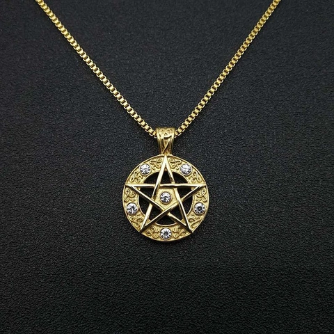 Hip Hop Stainless Steel Pentagram Star Round Pendant Necklace Gold Plated Iced Out Rhinestone Jewelry For Unisex Box Chain