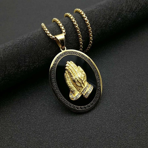 Collana con Ciondolo Mani in Preghiera Hip Hop Acciaio Inossidabile Strass Religioso Mano di Buddha Oro Argento Gioielli