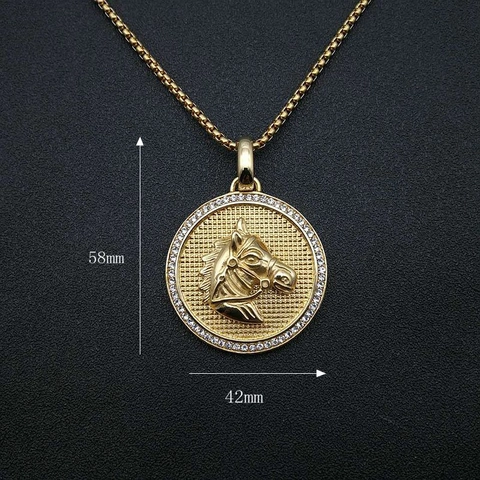 Hip Hop 316 Stainless Steel Gold Plated Horse Head Pendant Necklace Pave Rhinestone Animal Neck Jewelry For Men Boys Gift