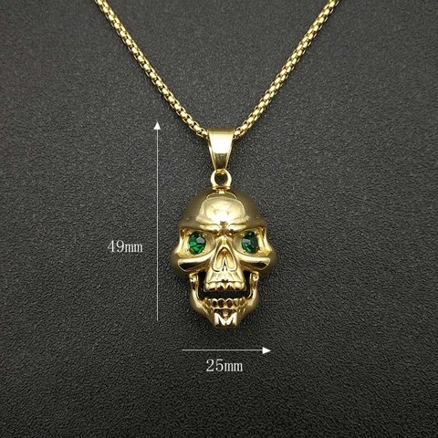 Hip Hop Gold Plattiert Titanstahl Totenkopf Anhänger Halskette Mit Rot Grün Strass Augen Gotik Punk Schmuck Für Damen Herren