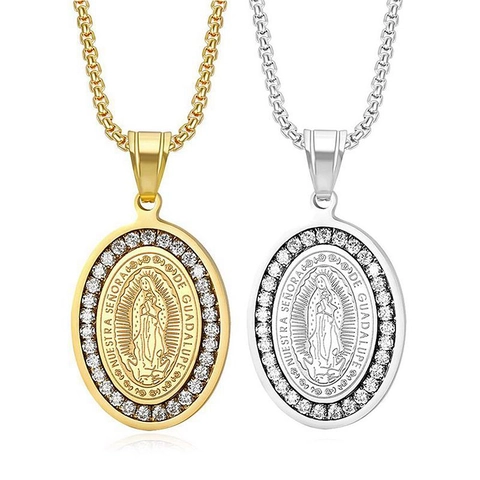Notre-Dame De Guadalupe Collier Pendentif En Acier Inoxydable Incrusté De Strass Vierge Marie Bijoux Hip Hop Religieux Pour Hommes Femmes