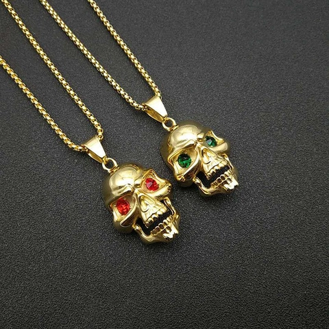 Hip Hop Gold Plattiert Titanstahl Totenkopf Anhänger Halskette Mit Rot Grün Strass Augen Gotik Punk Schmuck Für Damen Herren