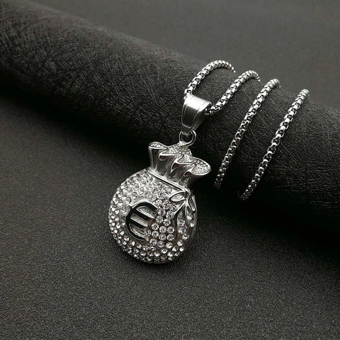 Collana con Pendente a Forma di Sacco di Soldi in Acciaio Inossidabile Hip Hop con Simbolo Euro Pavé di Strass Gioielli